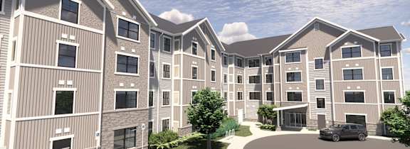 a rendering of an apartment building with a car parked in front of it